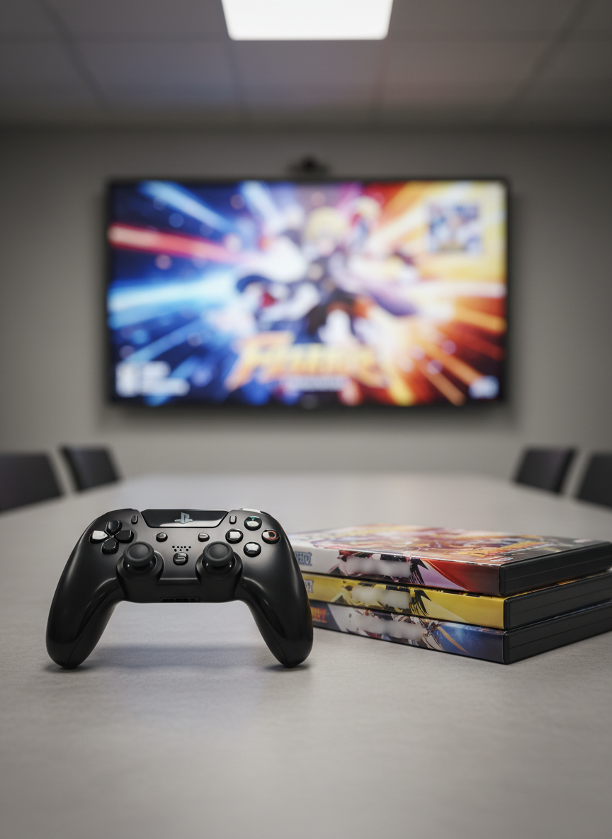 A close-up, cinematic view of a polished black game controller resting beside a stack of prototype game cases with anime-style cover art, the titles intentionally unreadable. They sit on a smooth, light concrete table in a modern studio meeting room. A large wall-mounted screen in the background shows a blurred, colorful frame from an anime-inspired action RPG. Overhead, soft diffused studio lighting creates clean reflections on the controller’s matte and gloss surfaces, with subtle shadows adding depth. Photographic realism, rule-of-thirds composition, crisp focus on the controller and nearest case, with a calm, professional atmosphere that conveys meticulous attention to quality and publishing polish.