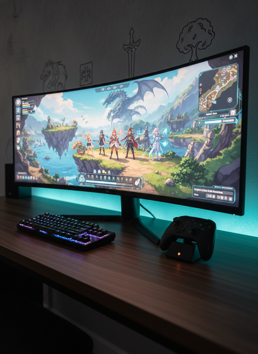 A sleek, high-end gaming workspace focused on a large ultra-wide monitor displaying a vibrant, anime-style fantasy game world with detailed characters and UI, but no visible players. The monitor sits on a dark walnut desk with a subtle grain, flanked by a compact mechanical keyboard with soft RGB underglow and a matte-black game controller docked in a charging stand. Soft, cool-toned LED strip lighting traces the back edge of the desk, casting a gentle blue halo on a charcoal wall decorated with minimalist game iconography. Photographic realism, shot at eye level with a shallow depth of field, creating a professional, focused mood suitable for an indie game publishing studio homepage hero image.