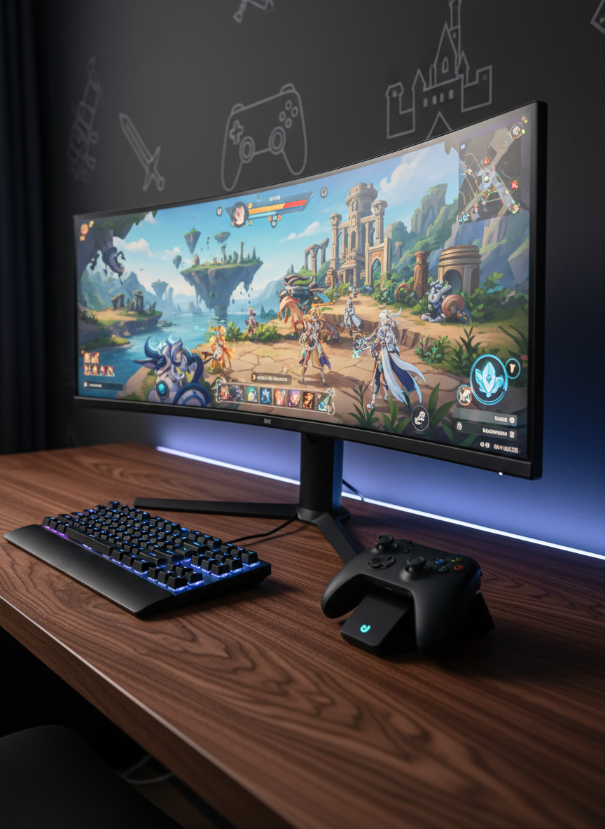 A sleek, high-end gaming workspace focused on a large ultra-wide monitor displaying a vibrant, anime-style fantasy game world with detailed characters and UI, but no visible players. The monitor sits on a dark walnut desk with a subtle grain, flanked by a compact mechanical keyboard with soft RGB underglow and a matte-black game controller docked in a charging stand. Soft, cool-toned LED strip lighting traces the back edge of the desk, casting a gentle blue halo on a charcoal wall decorated with minimalist game iconography. Photographic realism, shot at eye level with a shallow depth of field, creating a professional, focused mood suitable for an indie game publishing studio homepage hero image.