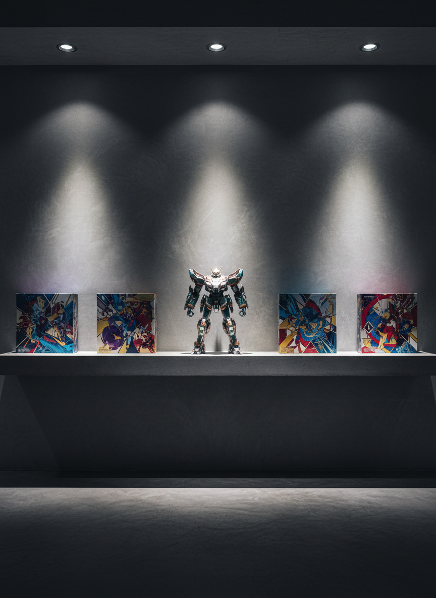 A dramatic, low-angle shot of a minimalist display shelf in a modern studio, showcasing physical collector’s edition boxes of anime-style games, all with abstracted cover art and no readable logos. The boxes feature foil-stamped details, spot gloss illustrations, and rich, saturated colors. A limited-edition figurine of a stylized mech stands center stage, crafted in metallic resin with intricate panel lines and a subtle pearlescent finish, no pilot visible. Directional spotlights from above create strong, gallery-like highlights and soft shadows against a slate-gray wall. Photographic realism, high contrast, with a premium, curated atmosphere that communicates the publisher’s dedication to high-quality game releases.
