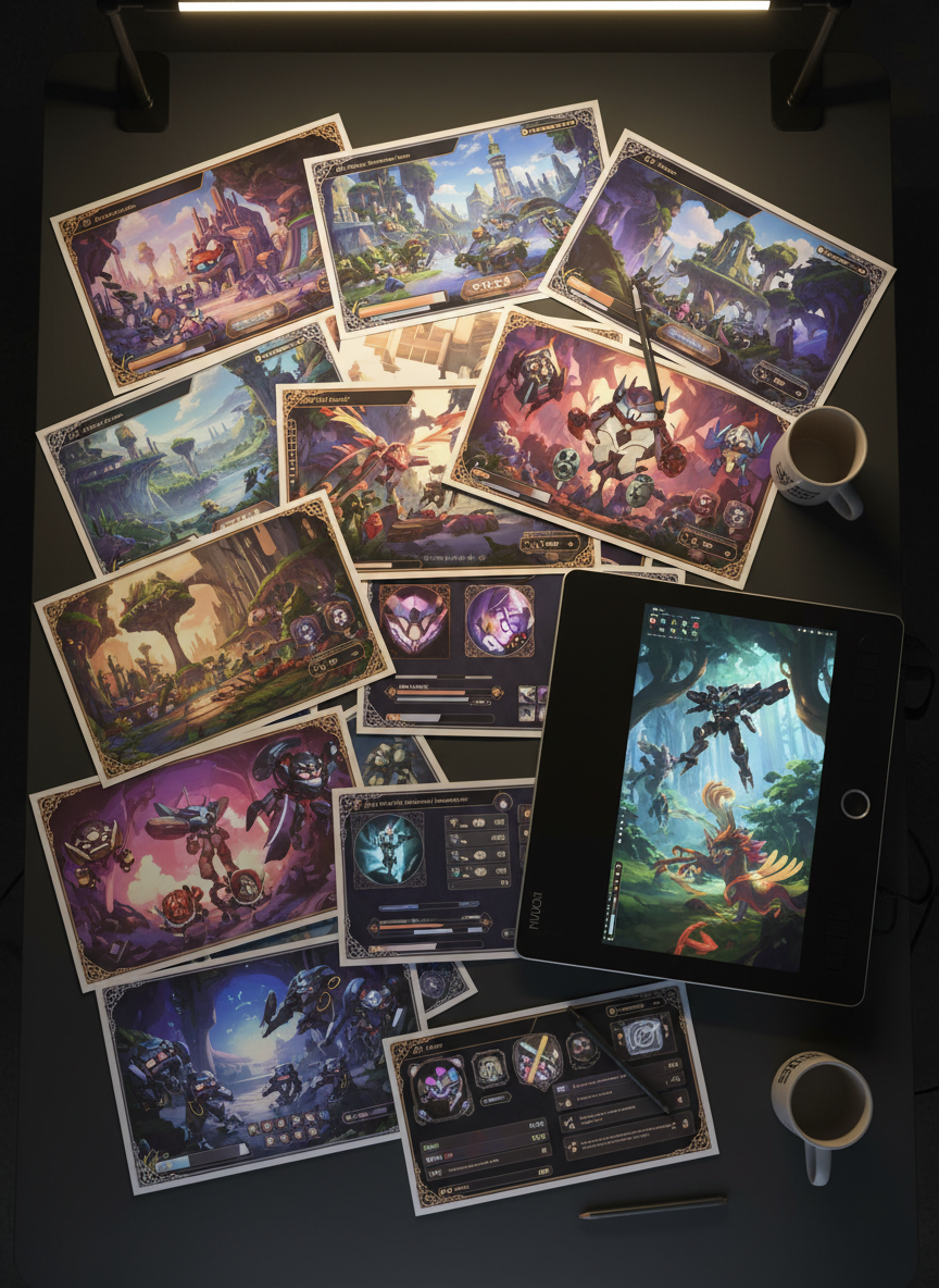 An array of printed concept art sheets for an anime-style game spread across a dark graphite tabletop, each page featuring vivid fantasy environments, expressive mechs, and stylized UI mockups, all without human figures. Beside them, a high-end pen display tablet shows a detailed, in-progress game scene, its screen glowing softly. Ambient warm-white track lighting from above creates gentle highlights on the glossy paper and tablet glass, casting layered, interesting shadows. Photographic realism, shot from a slightly elevated angle to capture the organized chaos of creative production. The mood is focused and inspired, suggesting a professional indie team deep in development and publishing planning.